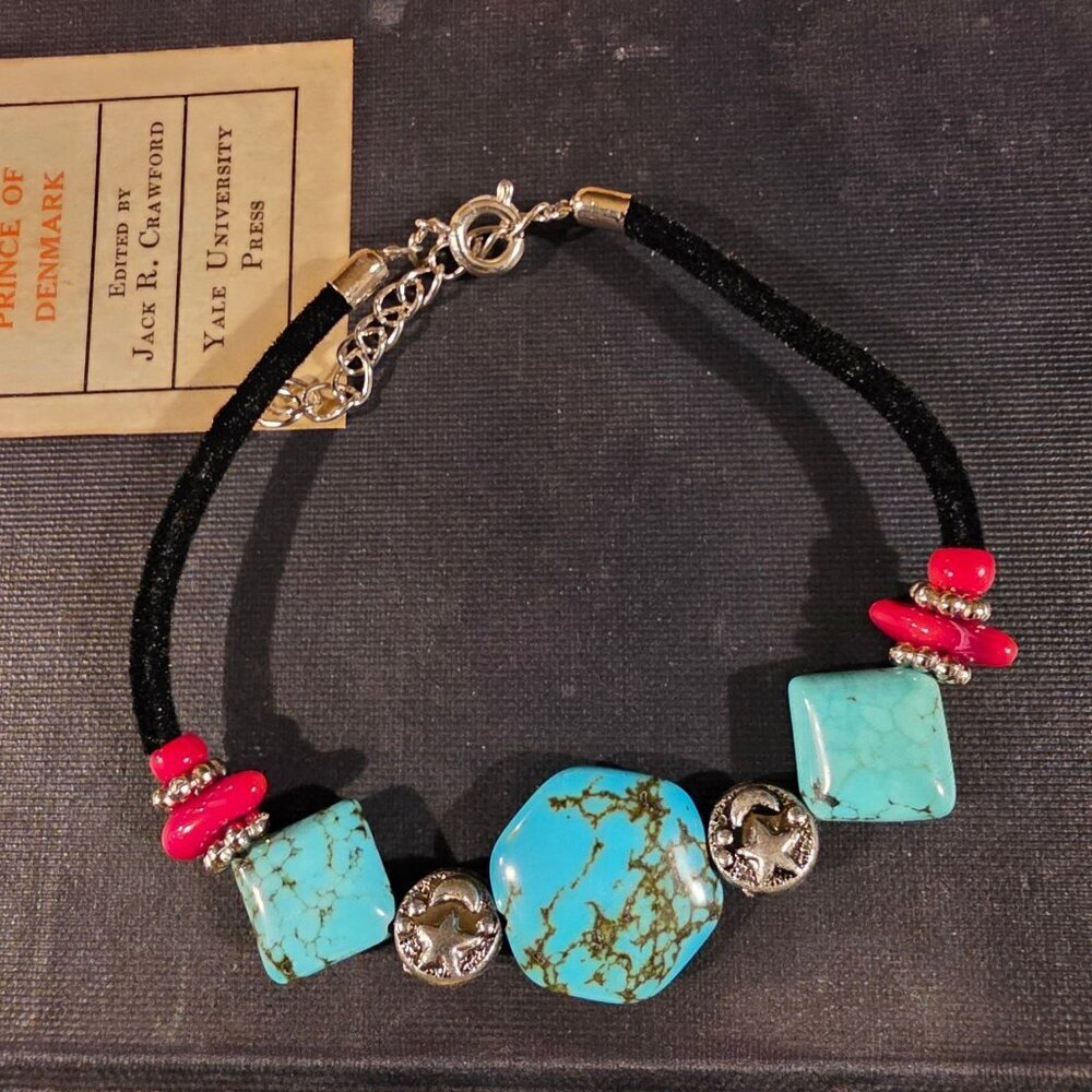Turquoise & Coral Stone Bracelet with Black Velvet Silver Tone Accents Style K